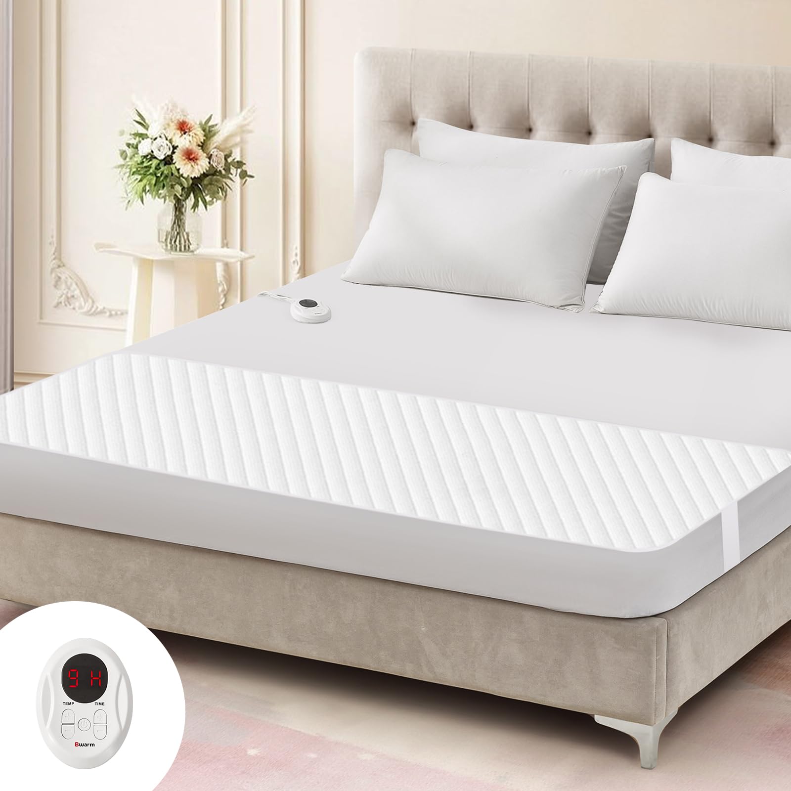 Bwarm Waterproof Heated Mattress Pad Foot Queen size on bed