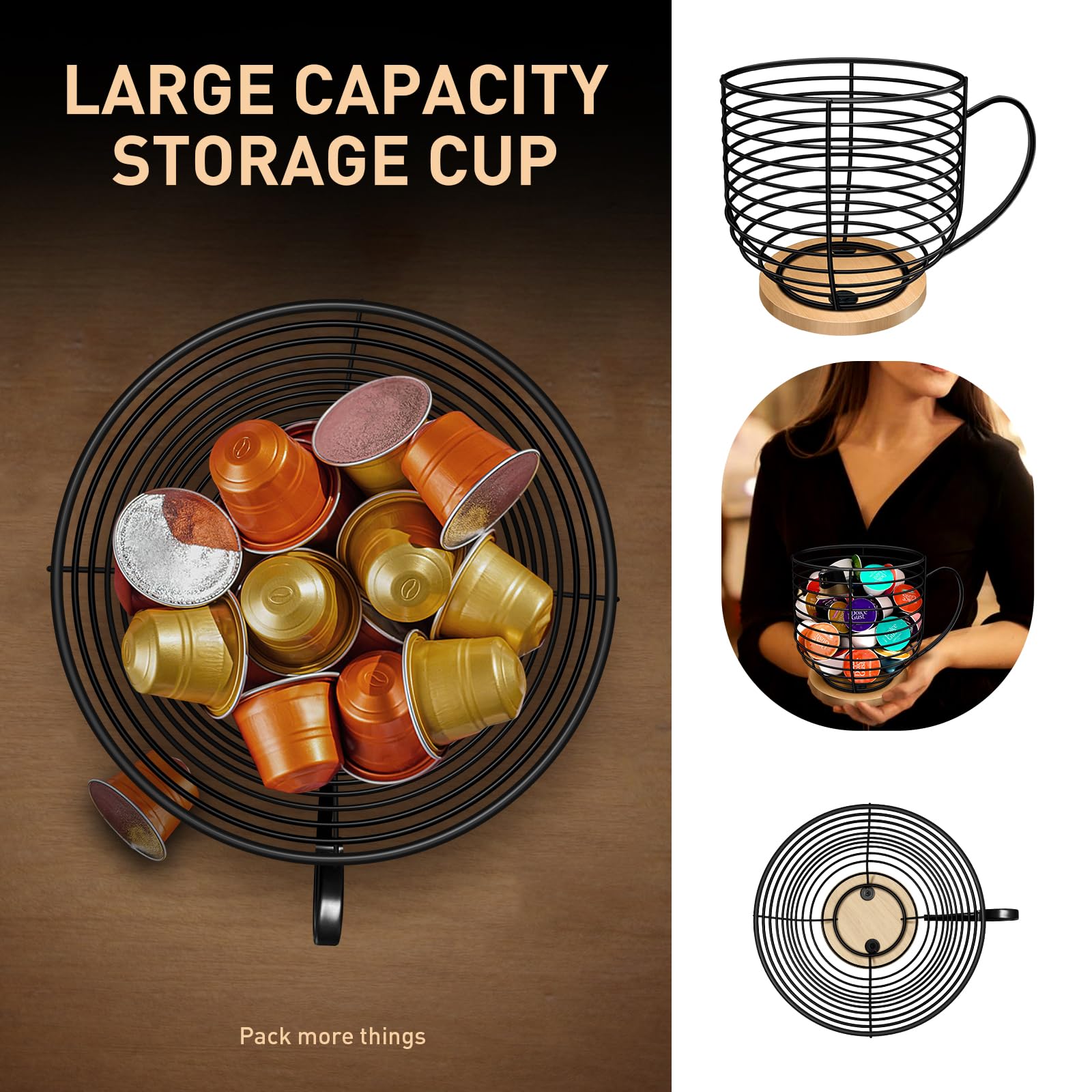 BYTEAIDREX black wire pod storage with wooden base