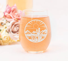 C M desert cactus mountain etched glass for wine service