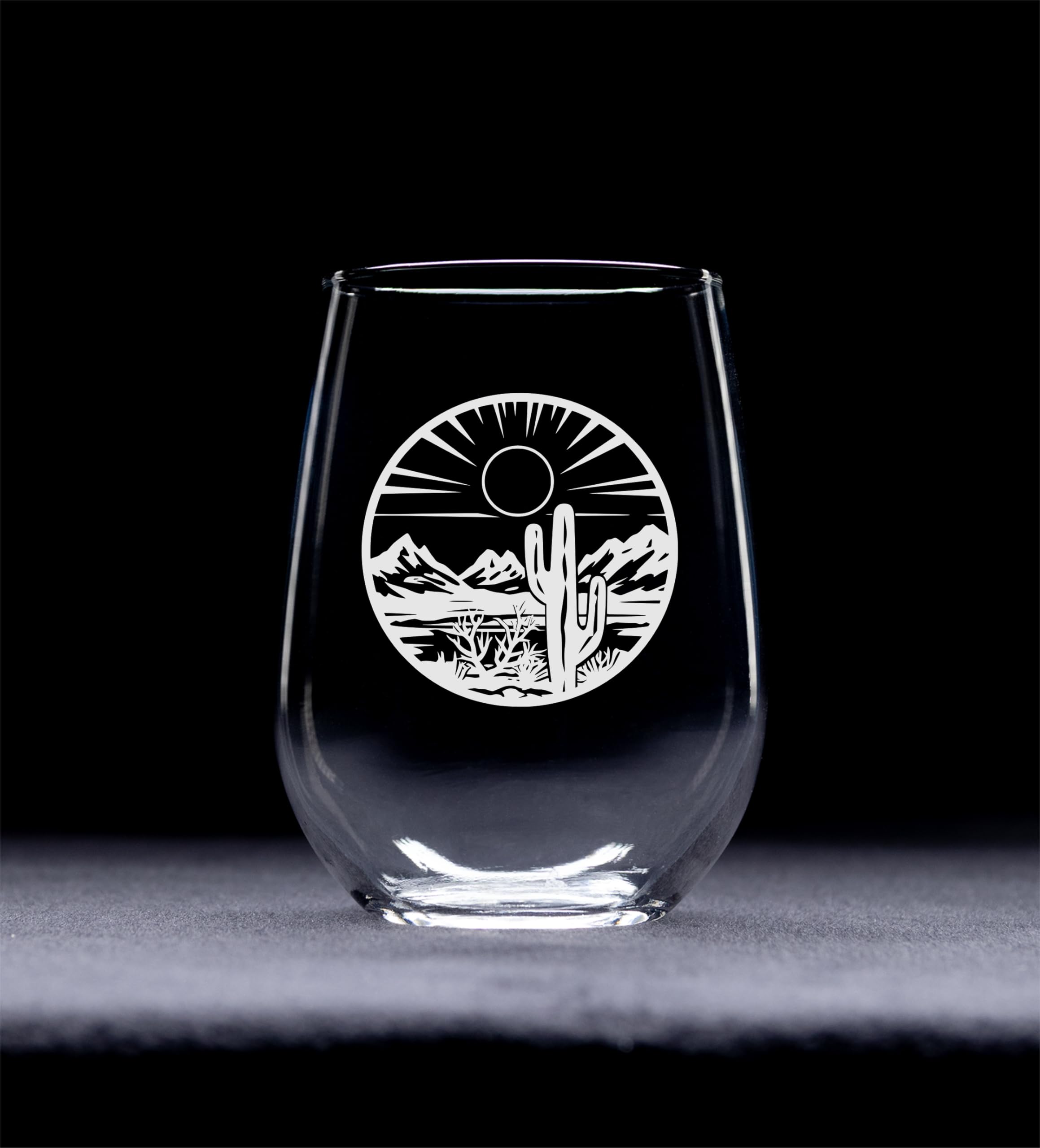 Desert landscape etched glass by C M brand stemless wine glass