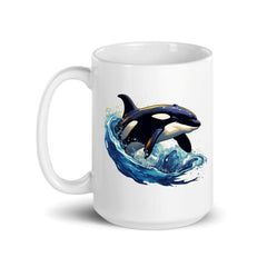C M Orca 15 oz mug with orca design and ocean wave
