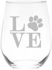 C M Paw Print Love stemless wine glass 17 oz
