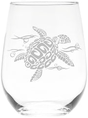 C M Sea Turtle Stemless Wine Glass with etched sea turtle design 17 oz