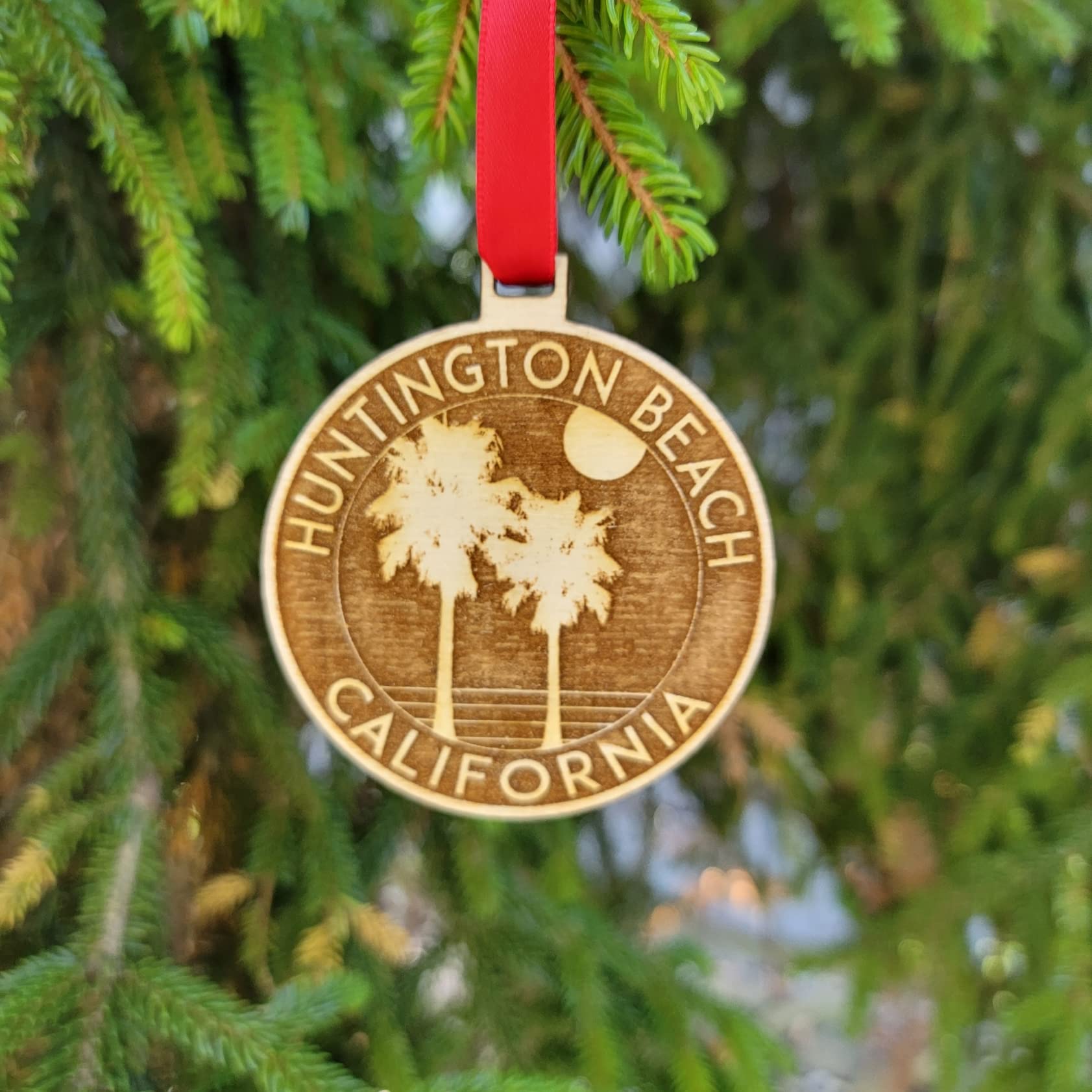 CA surf theme Huntington Beach ornament image with back wood finish