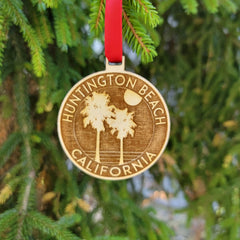 CA surf theme Huntington Beach ornament image with back wood finish