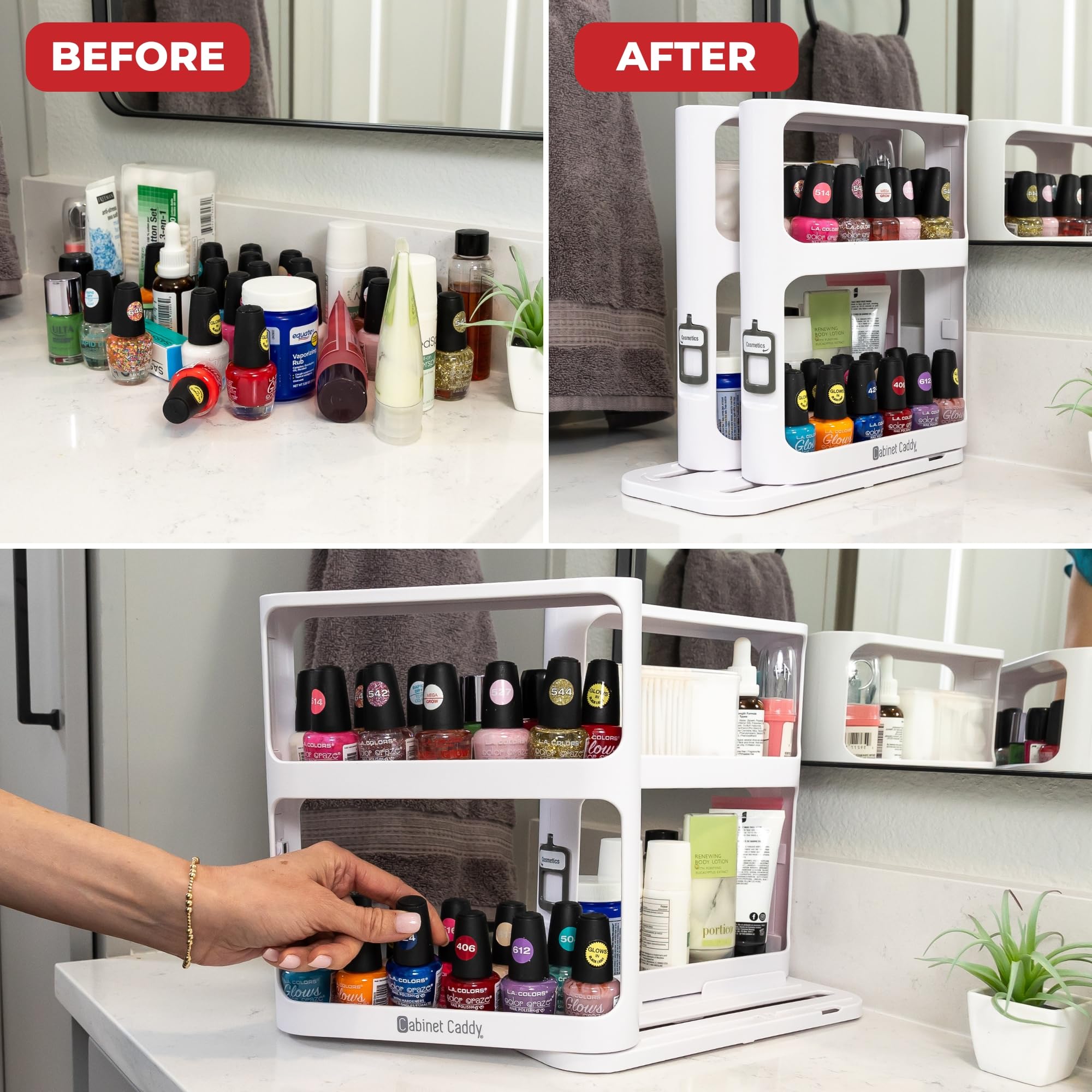 Keeps spice jars medicine bottles cosmetics organized
