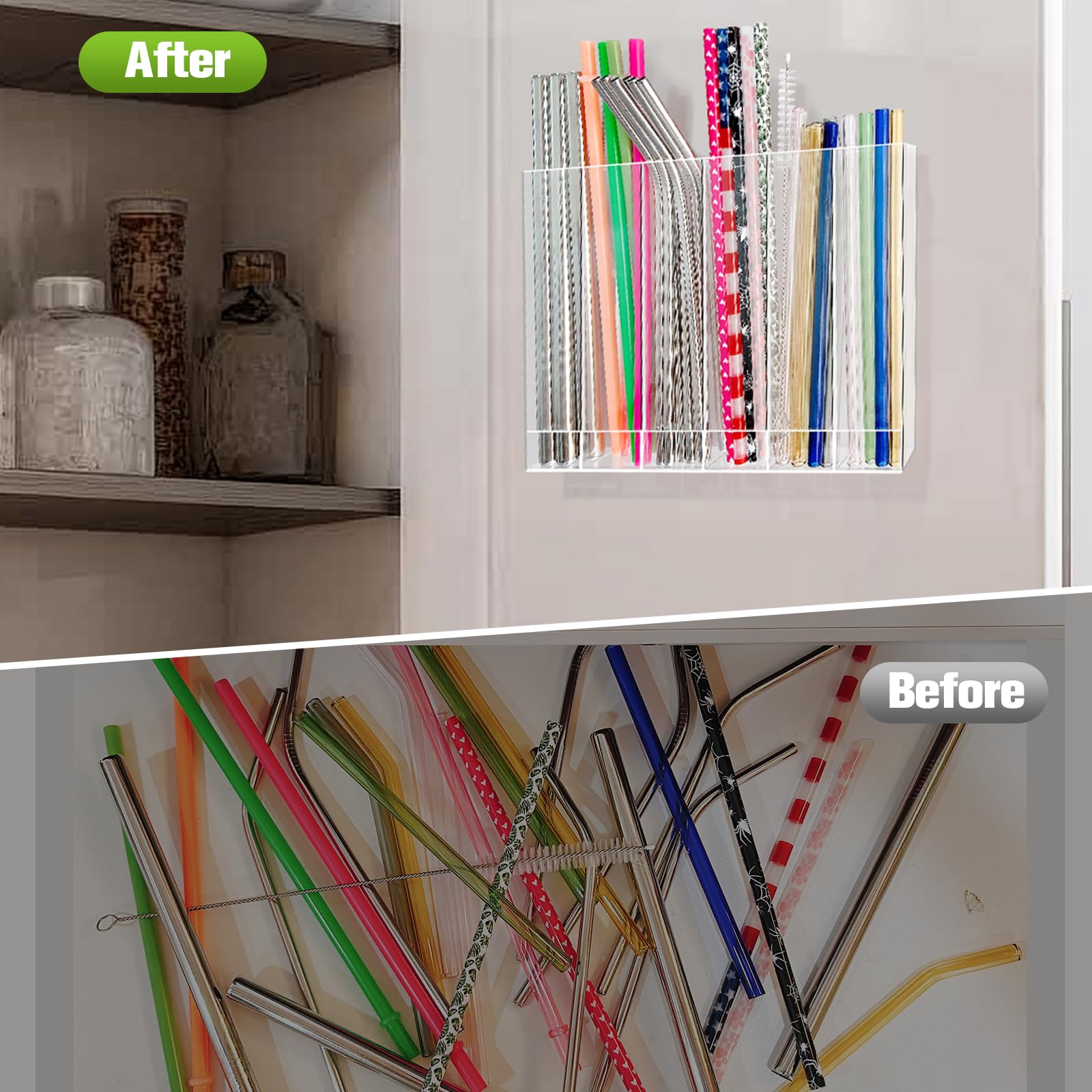 Cabinet door mounted straw storage solution