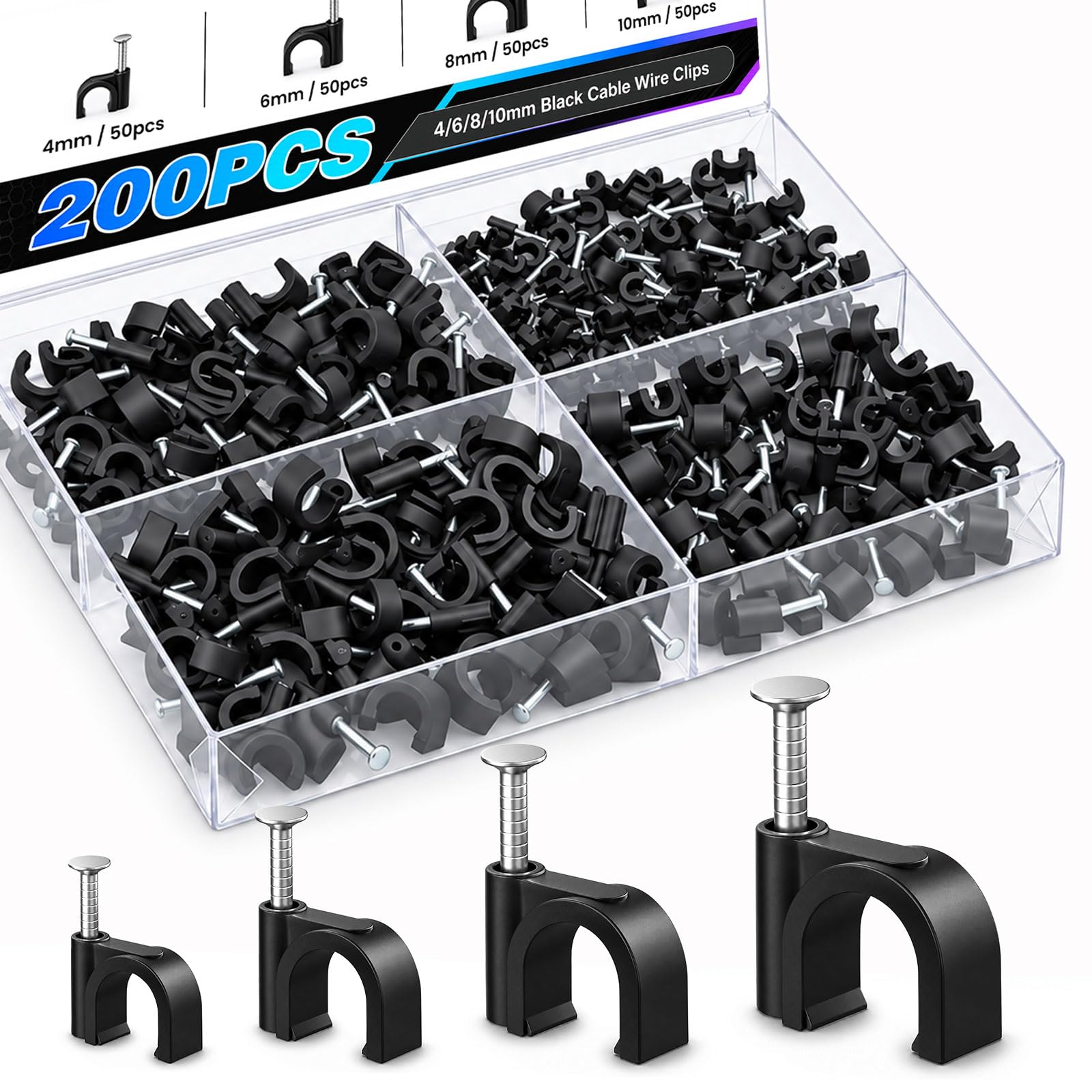 200 piece set cable clips black packaging