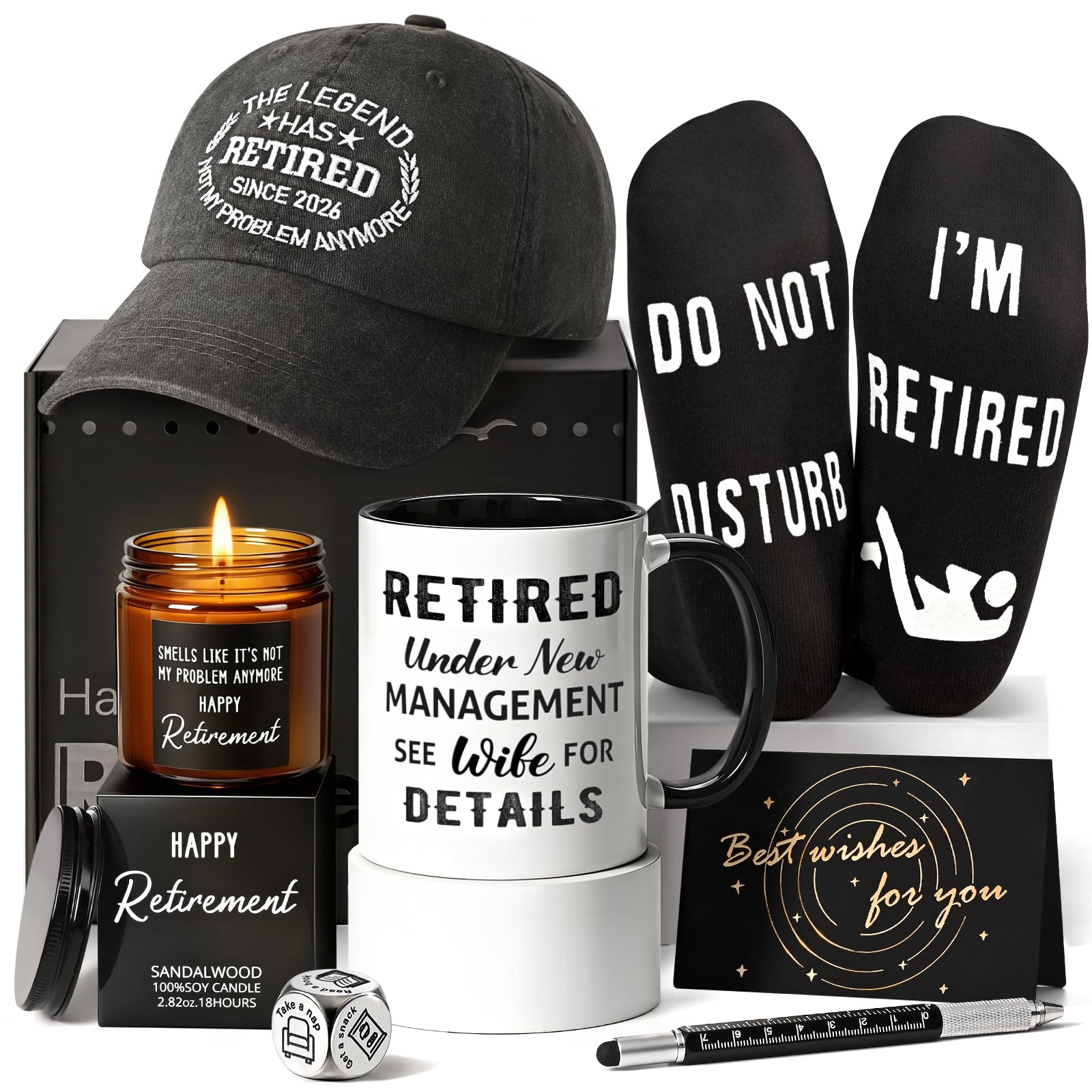 Cabtnca eight piece retirement gifts for men with mug cap candle and card
