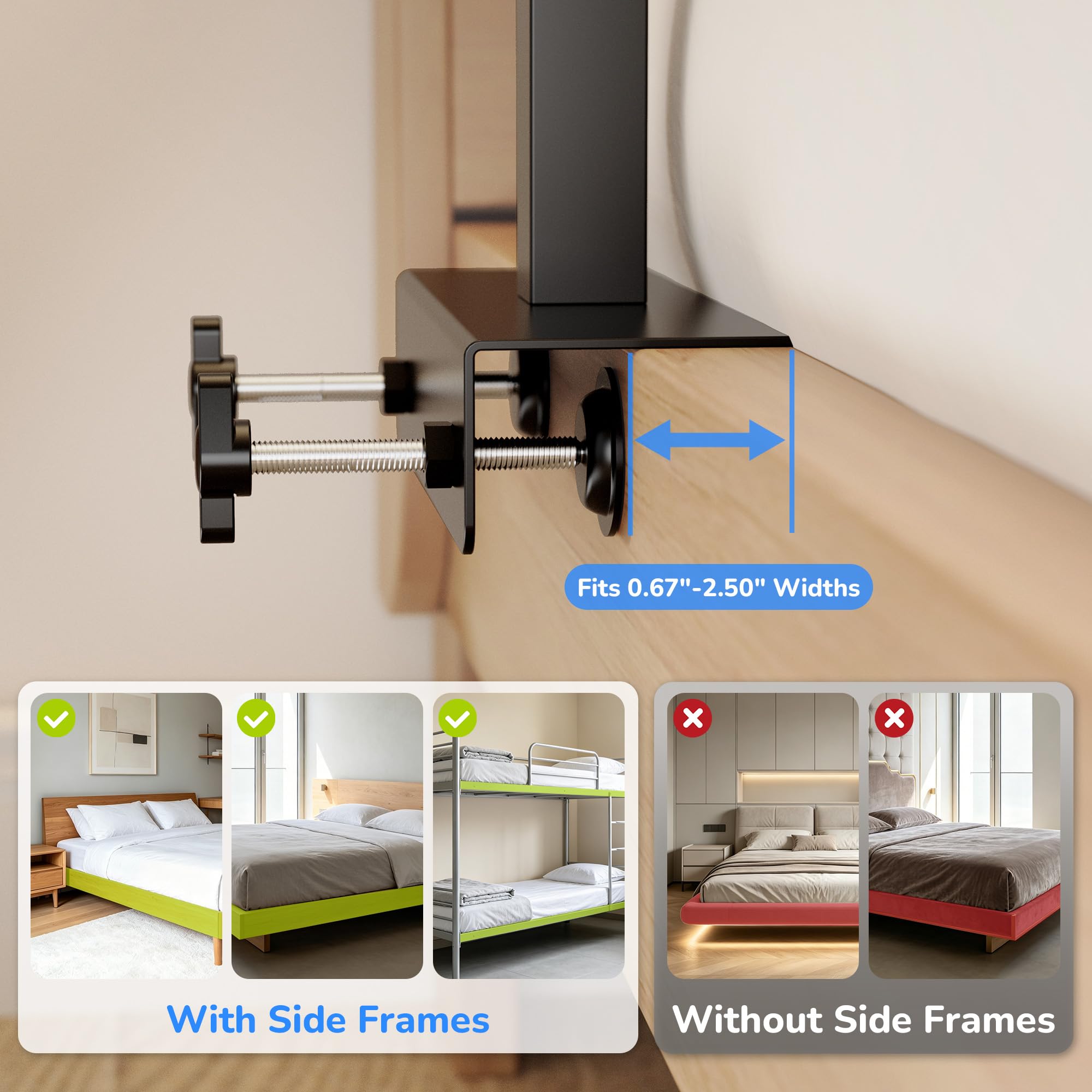 Natural wood tone tray and black metal brackets in dorm room
