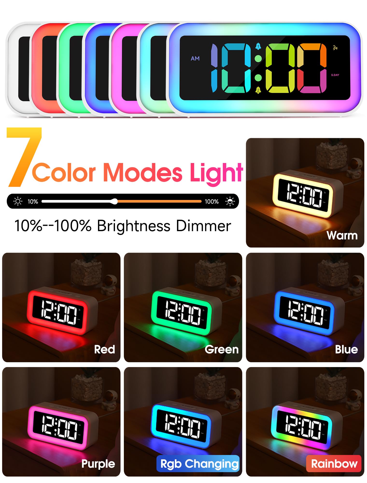 Cadmos pink alarm clock with RGB night light in bedroom
