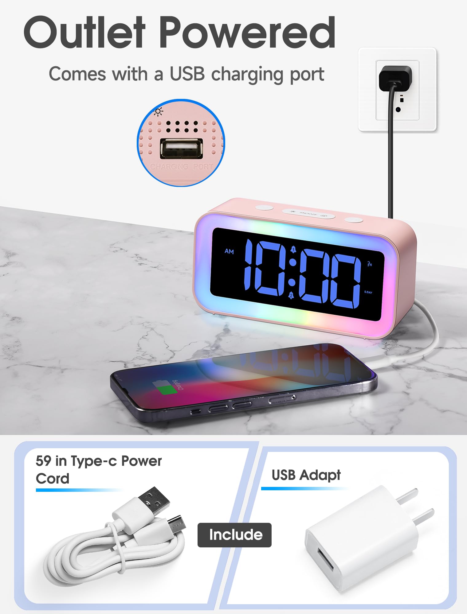 Night light feature with 5 colors and 2 RGB modes on Cadmos clock