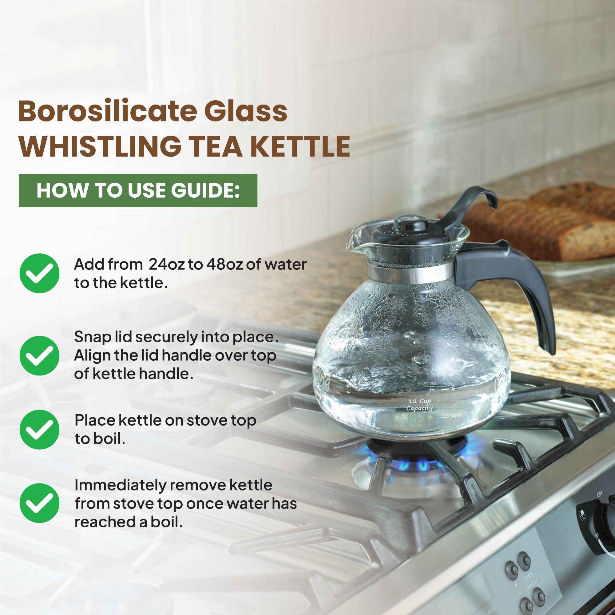 Dishwasher top-rack safe glass kettle