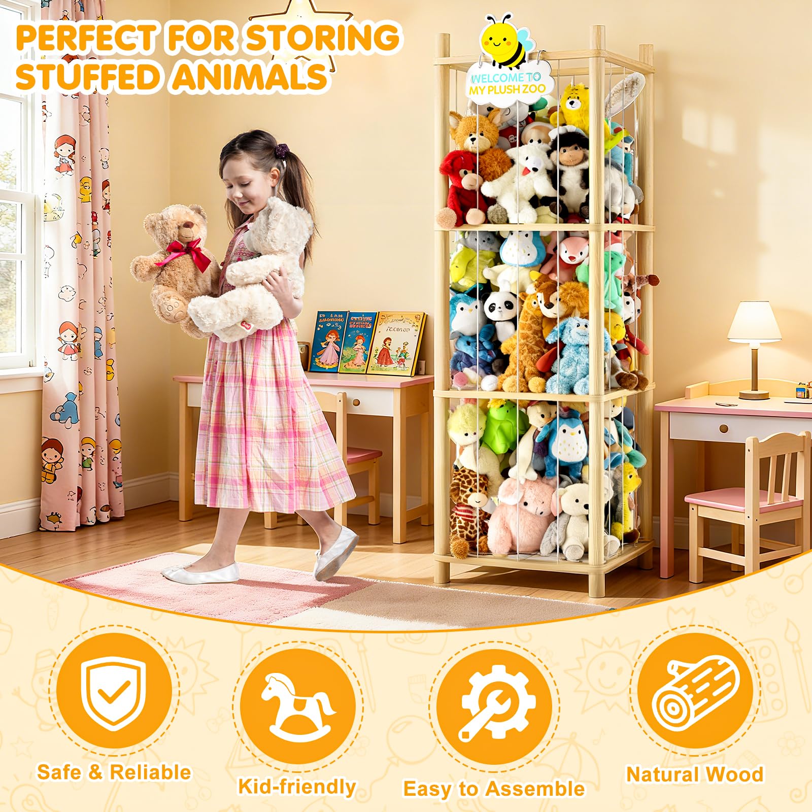 Stuffed animals neatly organized in cage-style storage unit