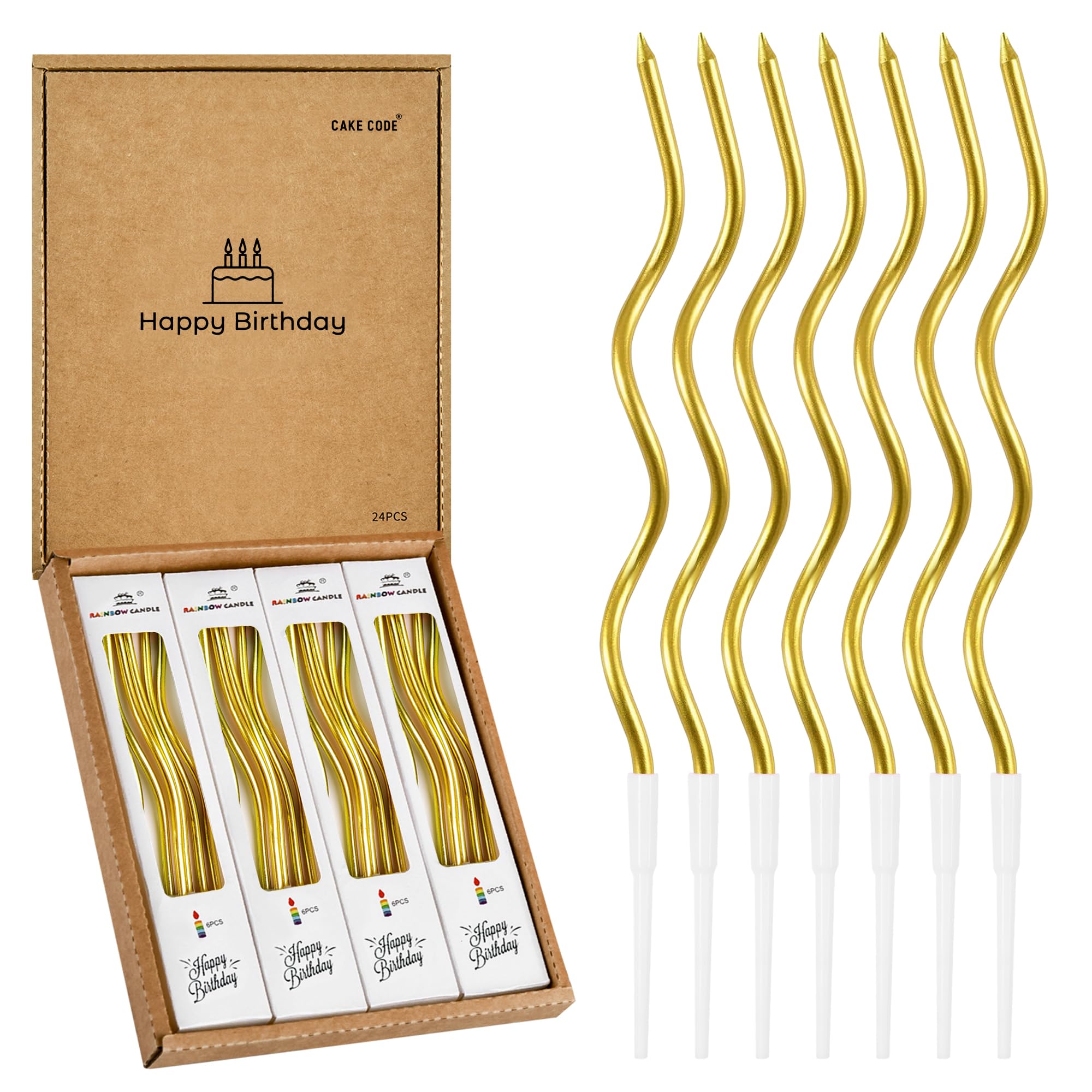 Cake Code 24-count gold spiral candles with holder