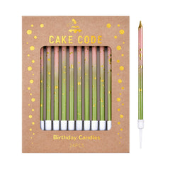 CAKE CODE pink green gold long thin candles on cake