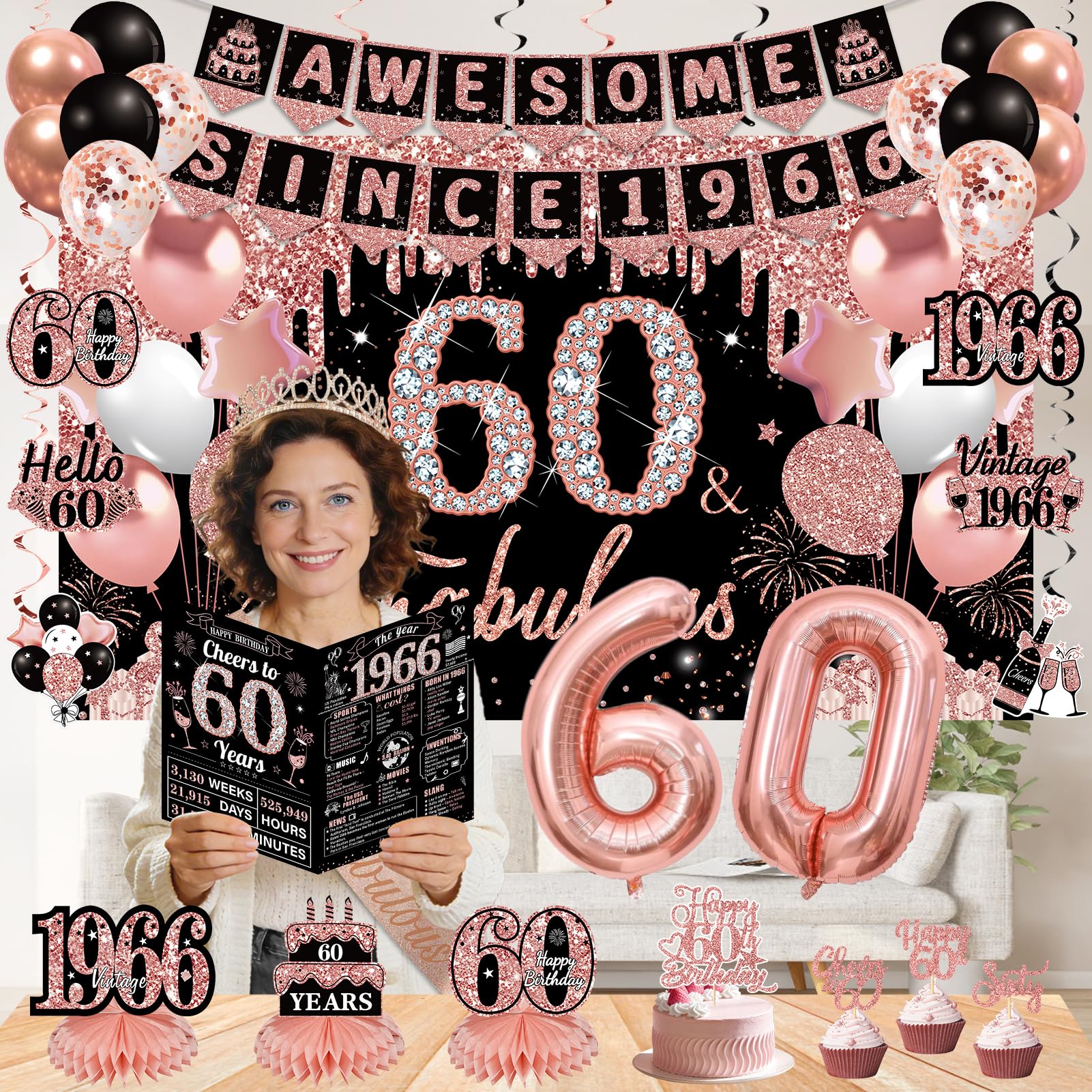 cake topper and greeting card with balloons for 60th birthday