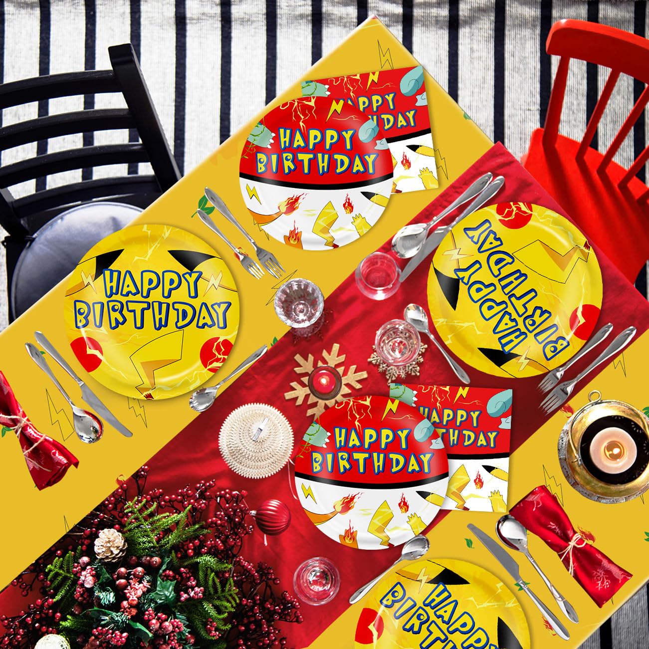 cake topper and happy birthday banner with tablecloth