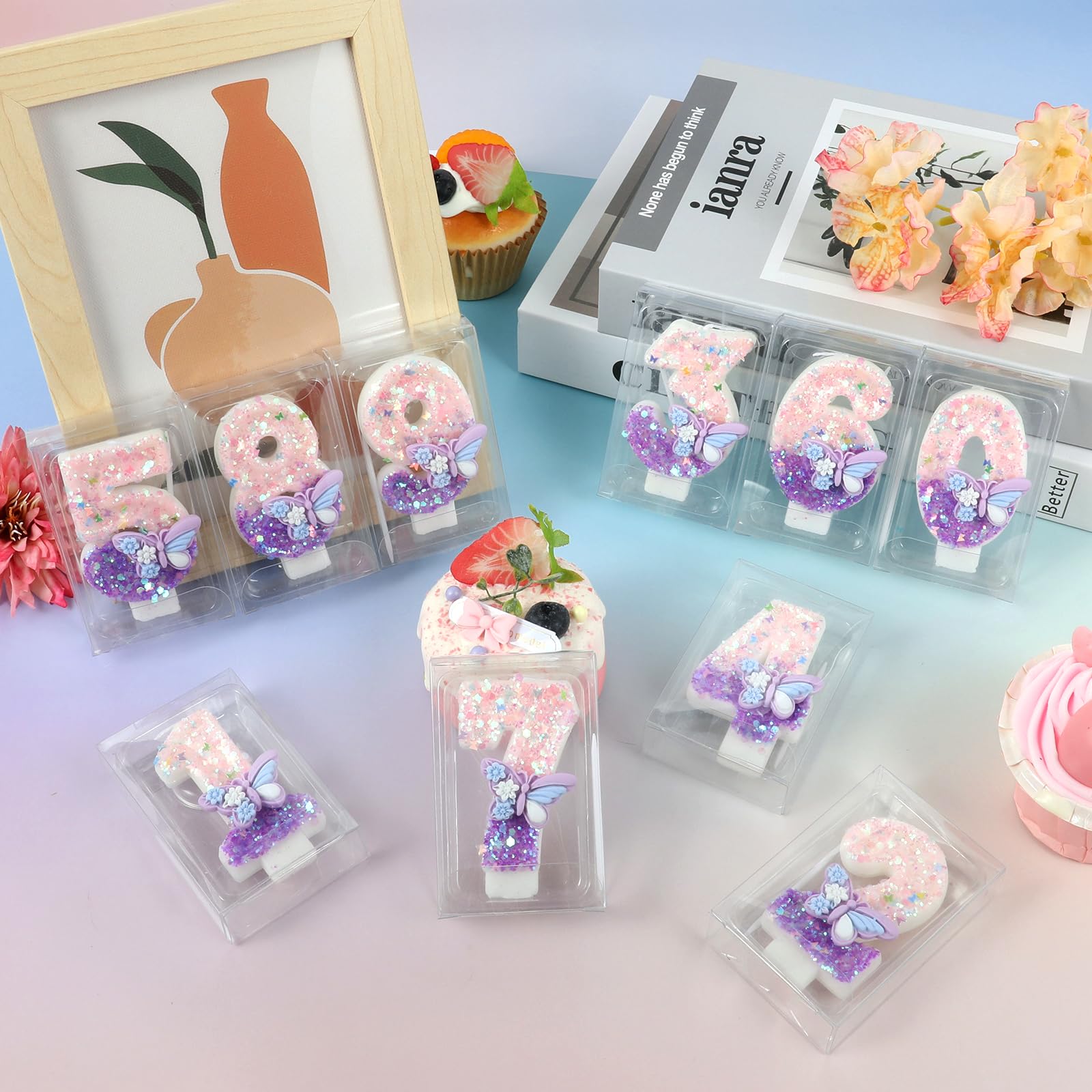 Cake topper candles with butterflies and sequins for celebrations