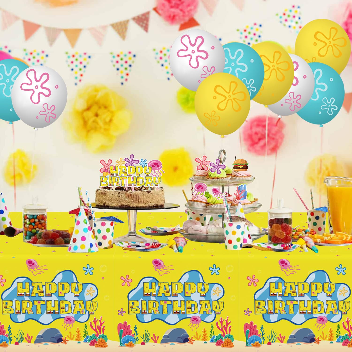 Party setup showing banner balloons and toppers for celebration