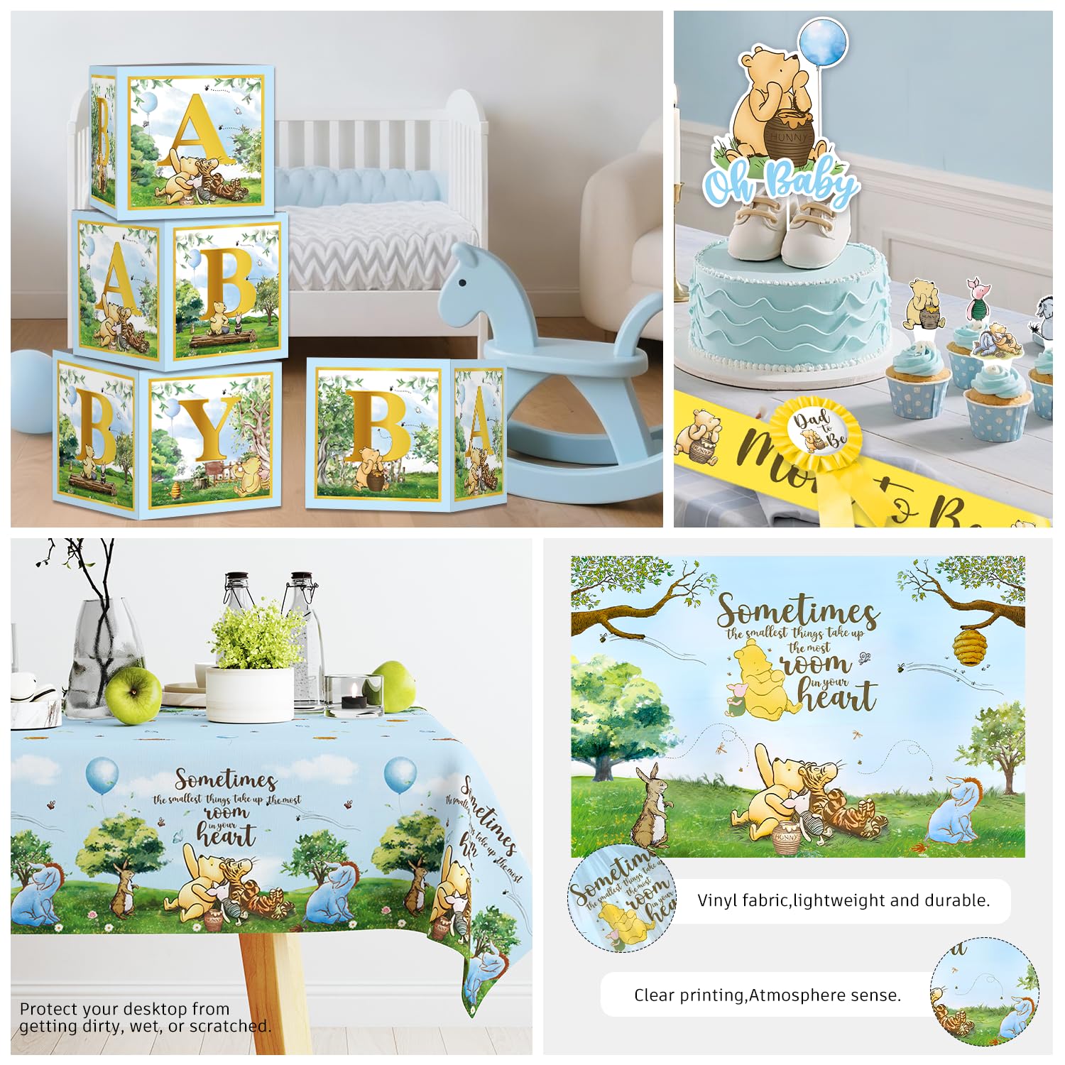 Blue backdrop for bear themed baby shower
