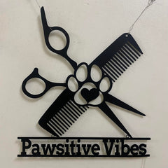 Close up of CALCCI Custom Text Metal Sign dog grooming design