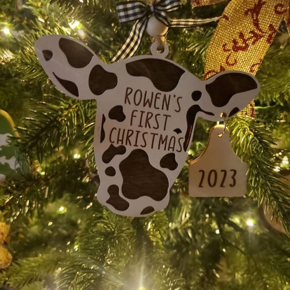 Calf ear tag personalization option on baby ornament