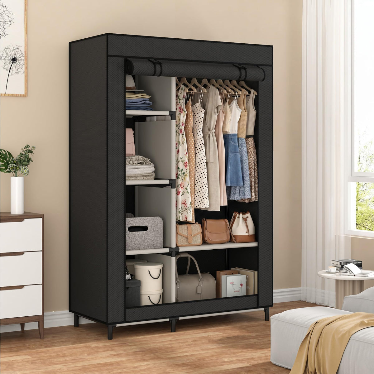 Calmootey Portable Closet Organizer with four small shelves and two large shelves