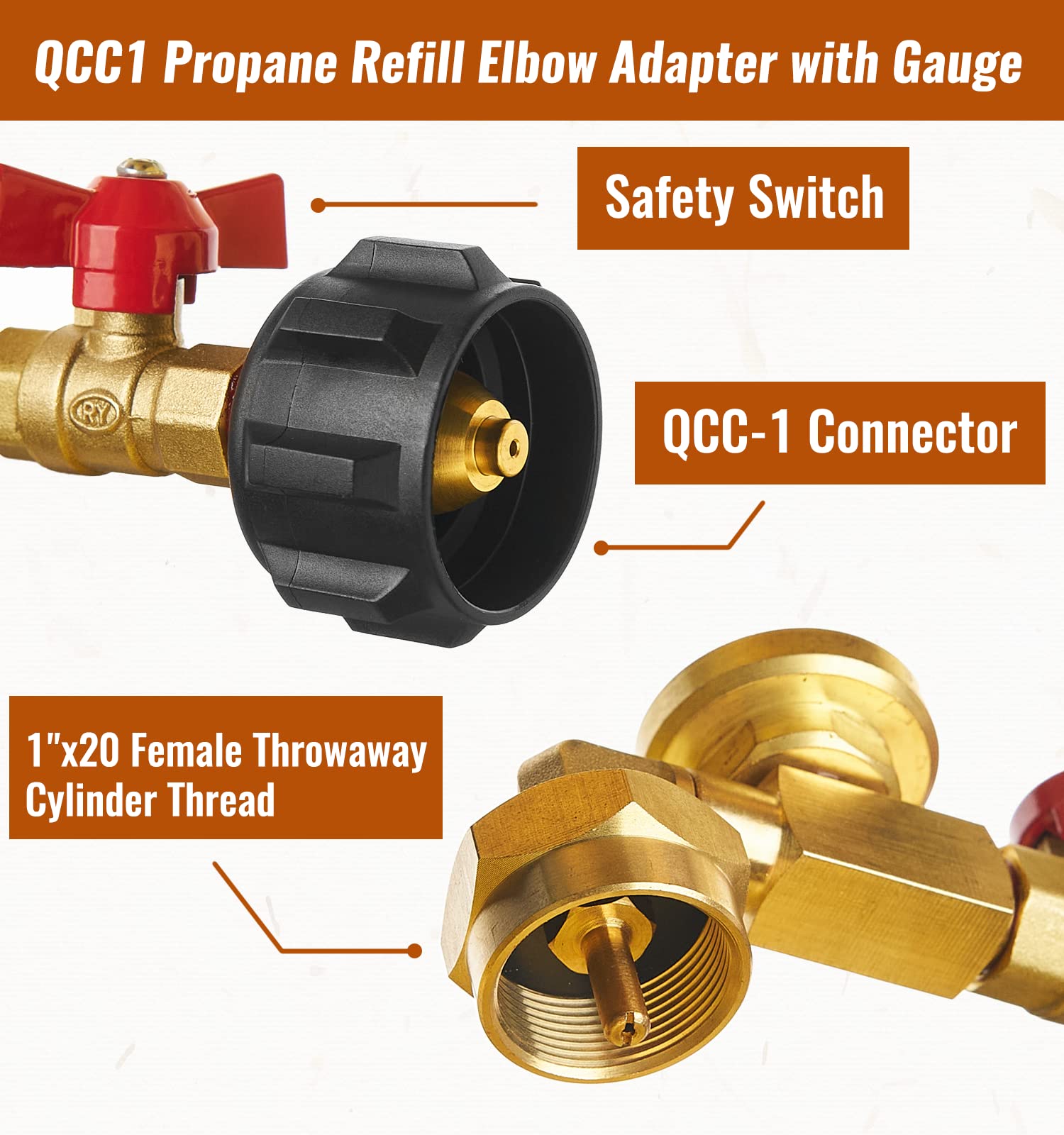 Solid brass propane adapter with gauge for large tanks