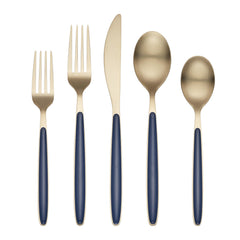 Cambridge Kiernan navy handle 20-piece silverware set closeup