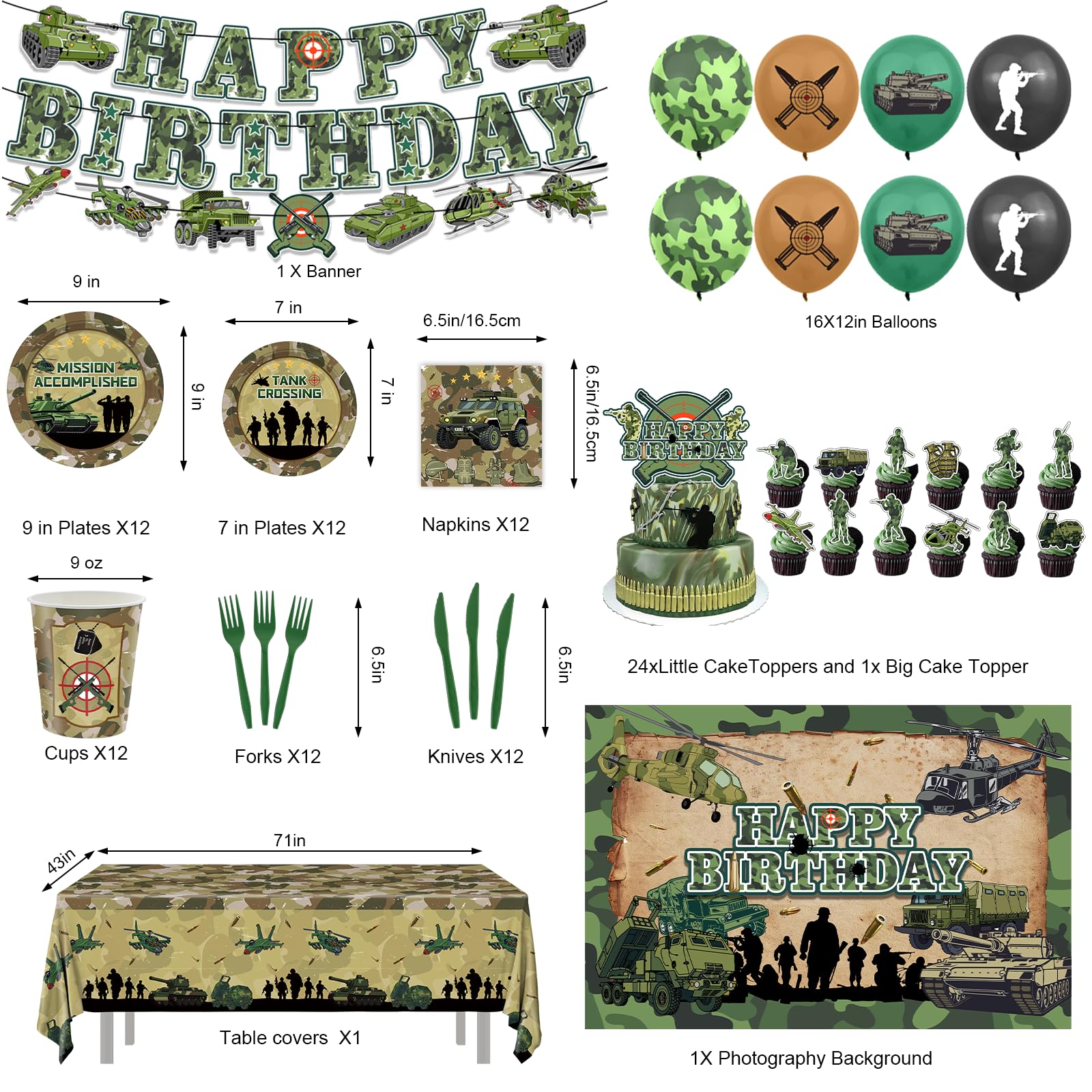 Camo banner and army cake topper for military party decor