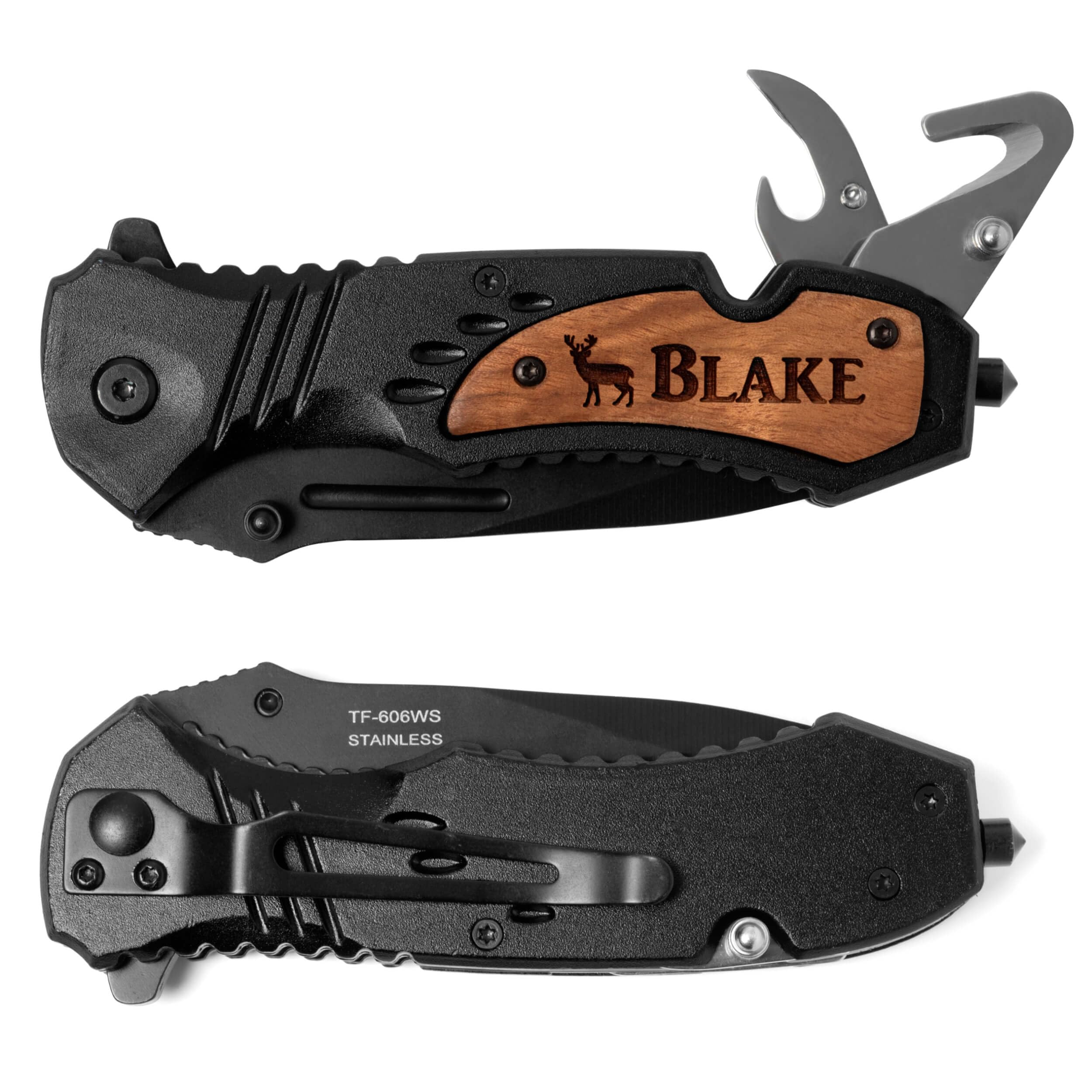 Black handle wood accent pocket knife