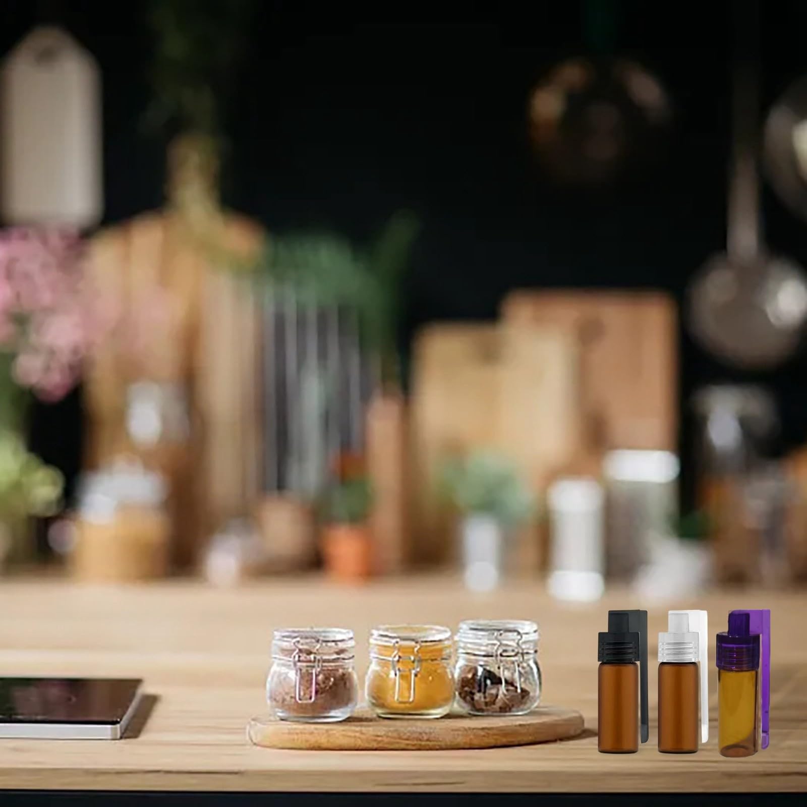 Compact travel kitchen accessories brown glass shakers