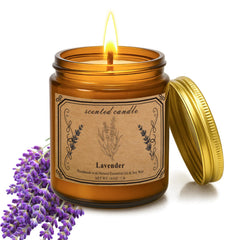 Candles for Home Scented lavender candle in amber glass jar with gold lid