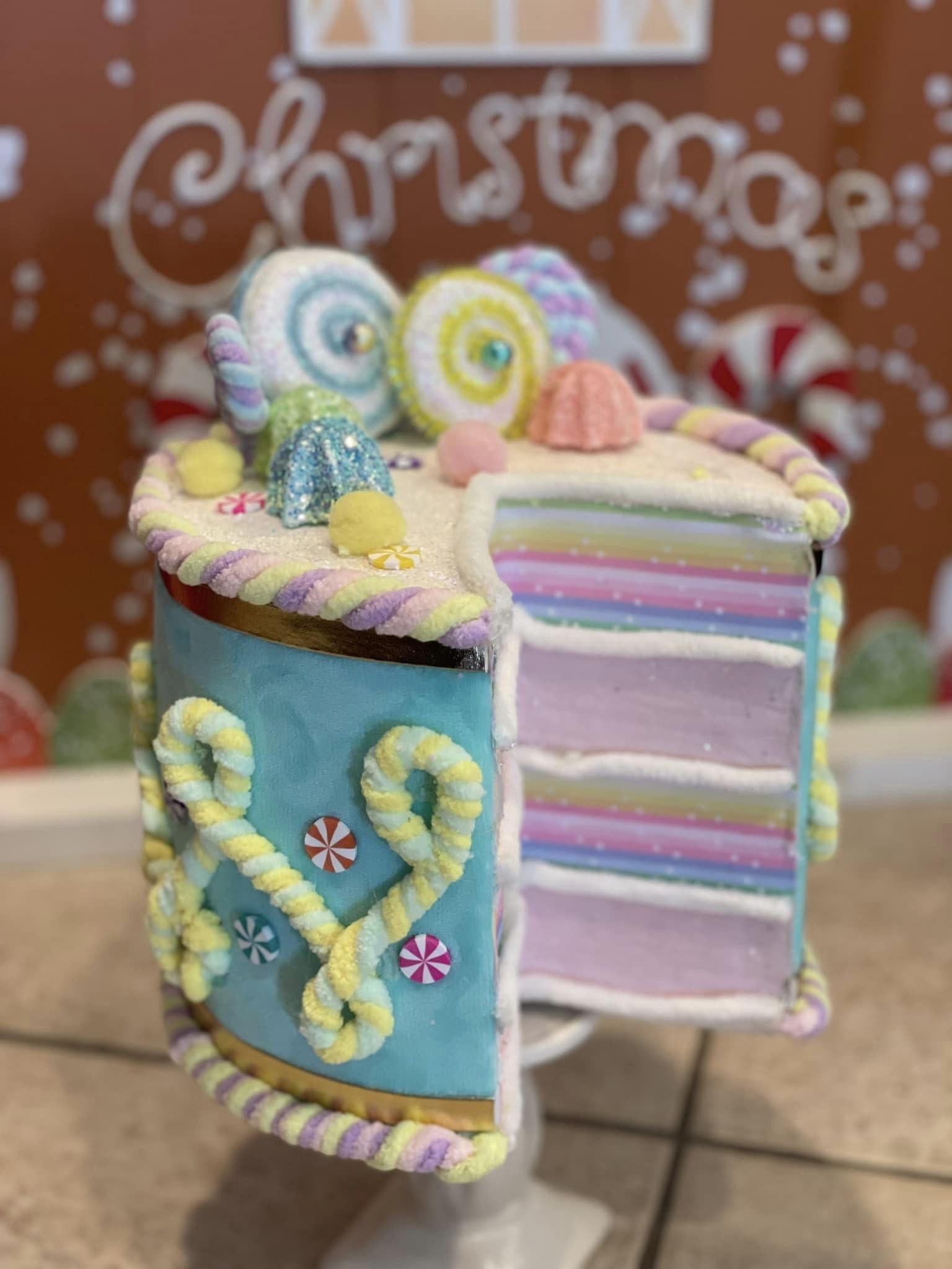 Candy Land FAke Bake sparkly faux cake displayed on tray decor