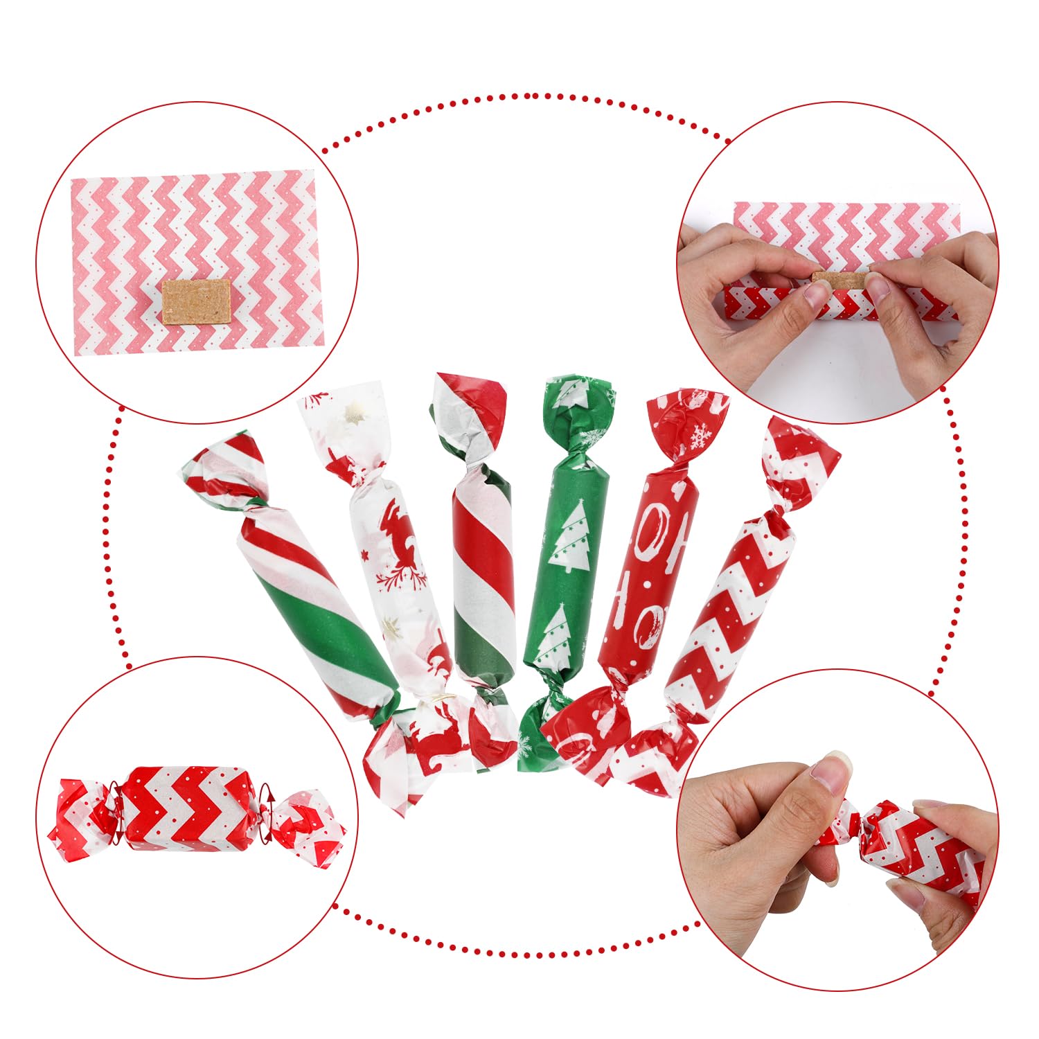 Caramels nougats cookies wrapped in wax paper Christmas designs