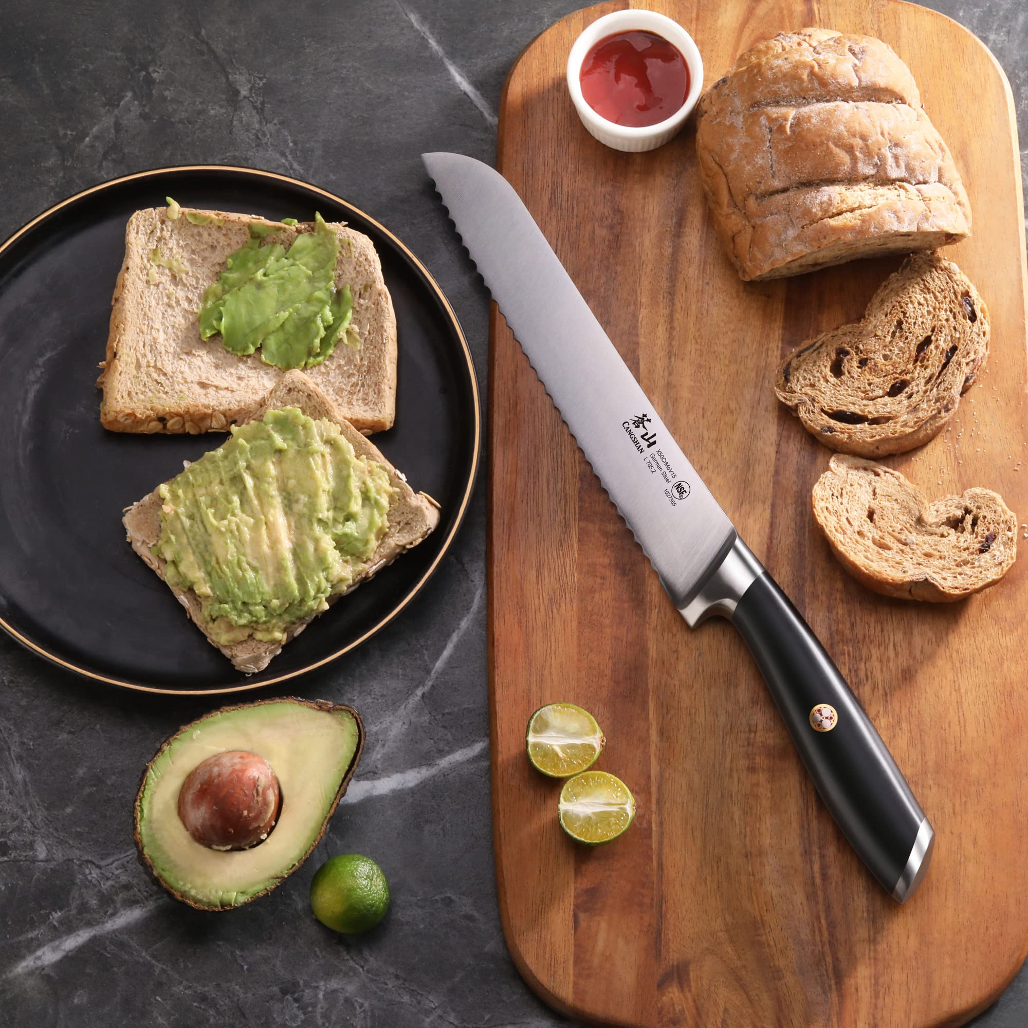 NSF Certified Cangshan L Series 8-Inch Bread Knife close up