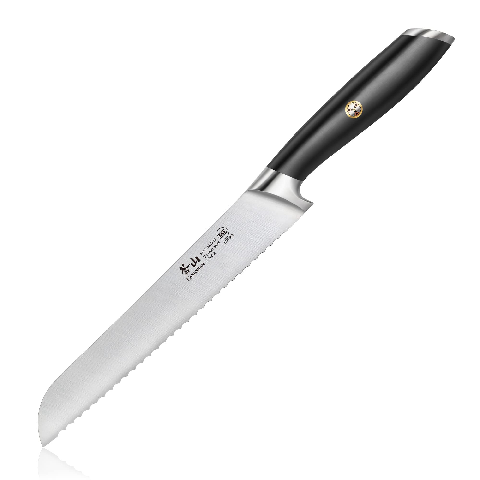 Cangshan L Series 8-Inch Bread Knife blade and ergonomic handle
