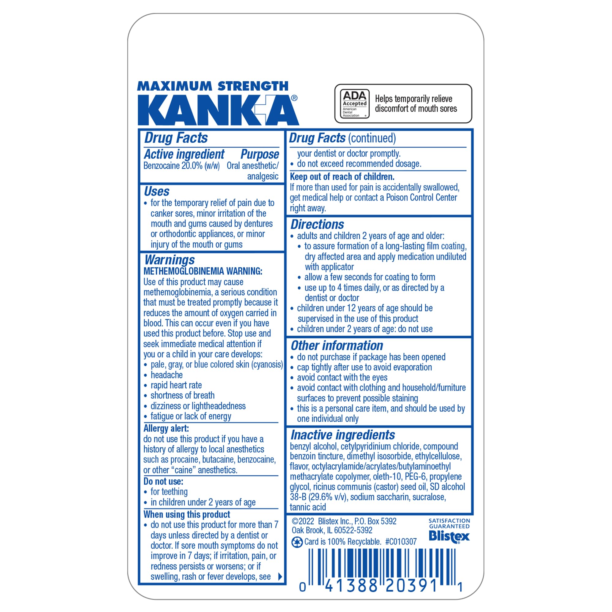 Canker sore medicine Kank-A 0.33 oz packaging directions