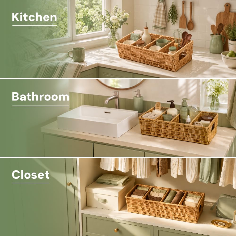 Compact tapered rattan basket for shelves and counters