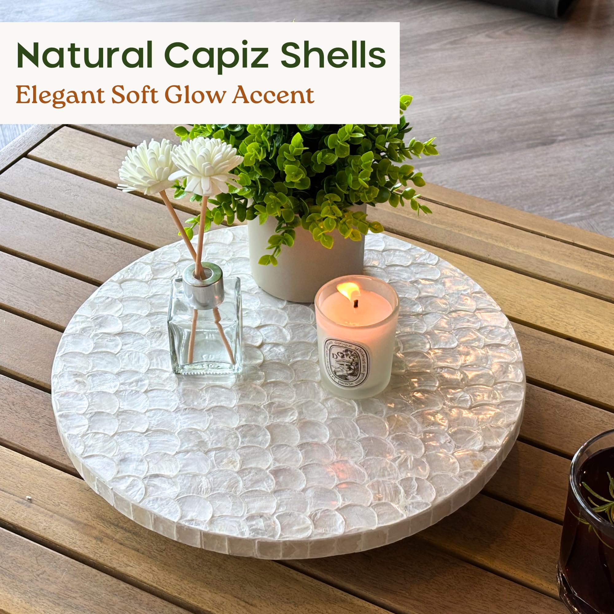 12 inch capiz lazy susan rotating tray on wooden base