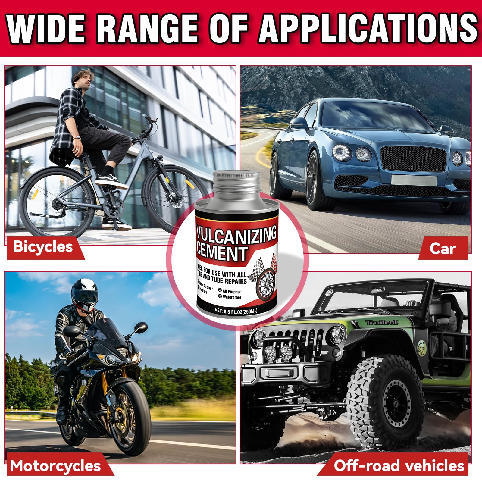 Professional grade tire patch cement for vehicles and gear