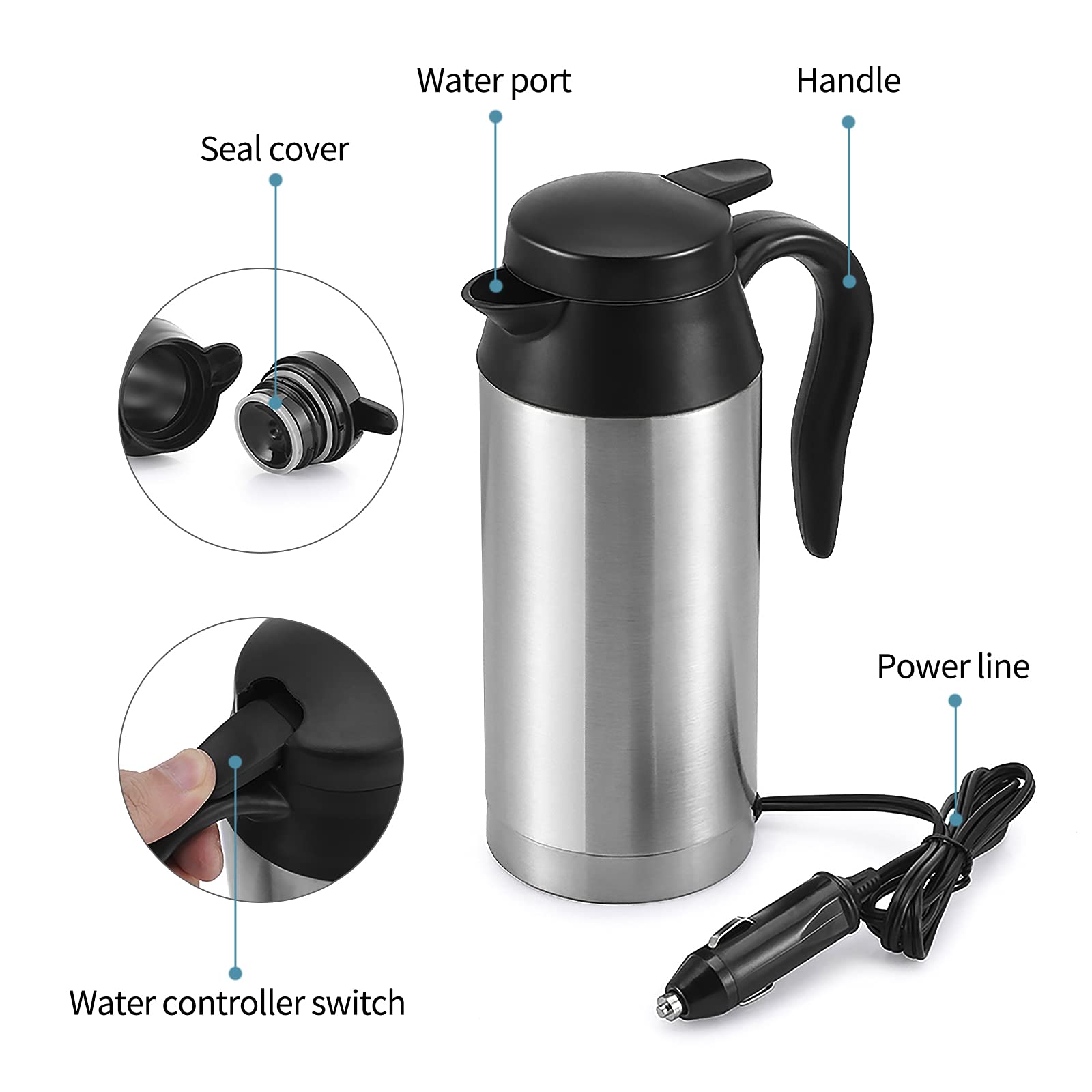 Compact kettle size 13.5 x 8.5 x 22 cm for cup holders