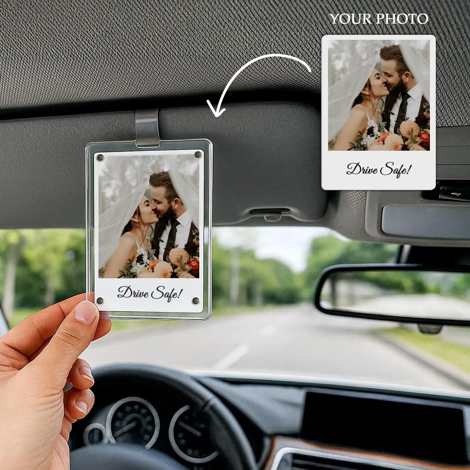 Clear photo holder for car interior displaying baby photo