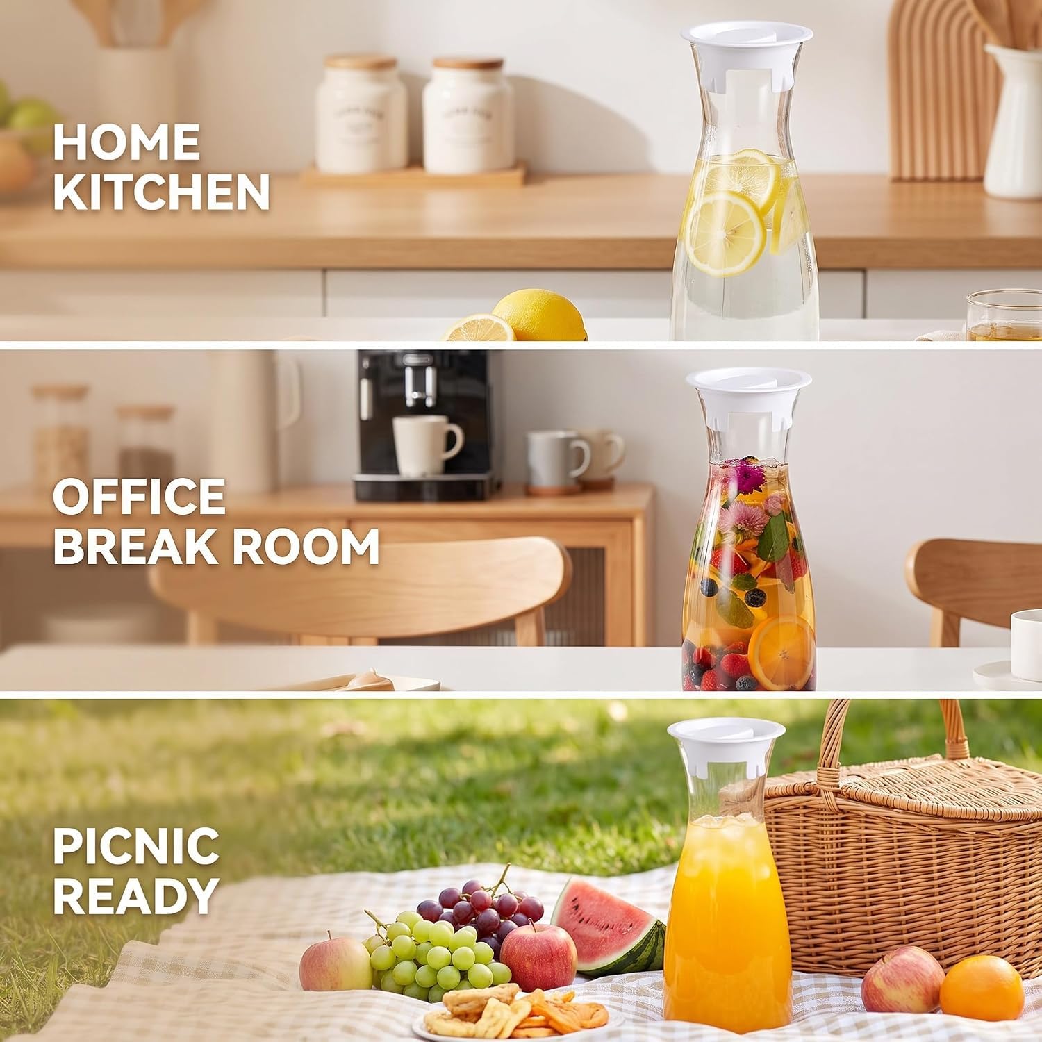Lid compatible with most standard glass pitchers and carafes