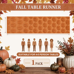 Caramel table runner with embroidered pumpkin motif on plush polyester fabric