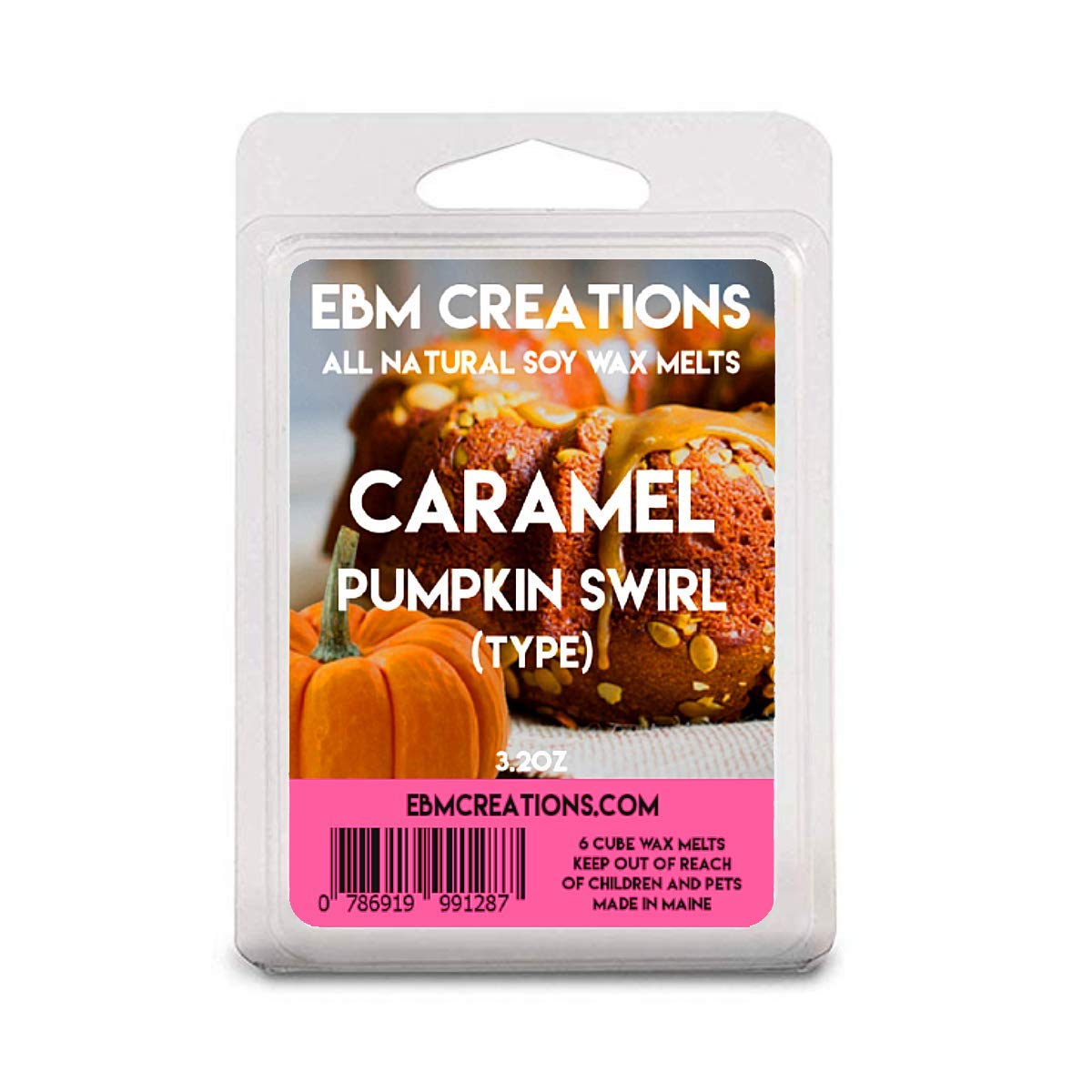 Caramel Pumpkin Swirl Type wax melts in a 6 cube clamshell