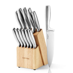 CAROTE 12-Piece Knife Set all-stainless steel blades in wooden block