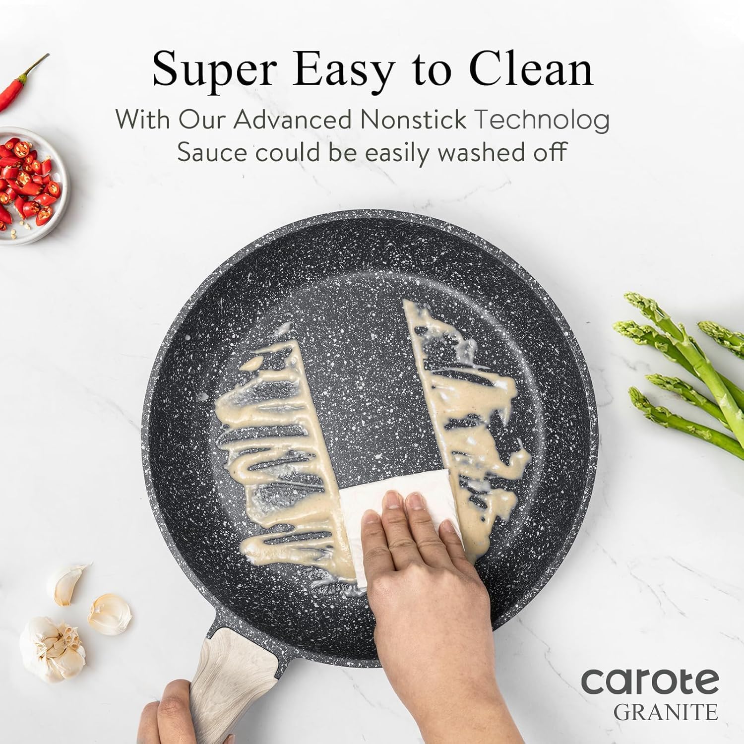 Deep frying pan with tempered glass lid and wooden handle CAROTE