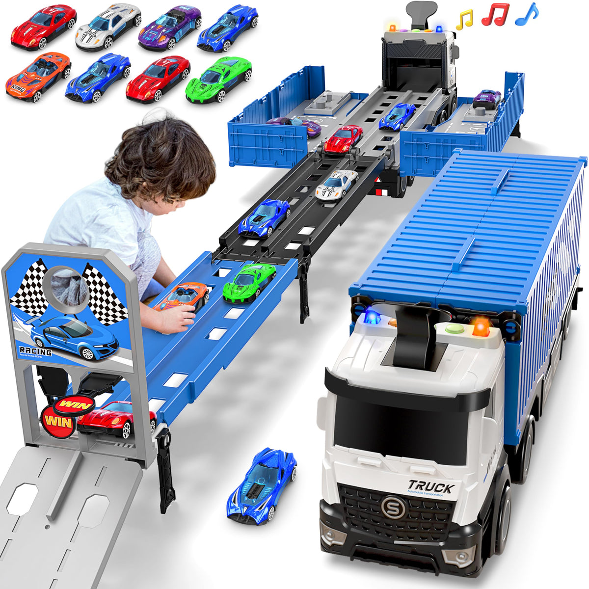 Carrier Truck Race Track toy with dual launcher tracks